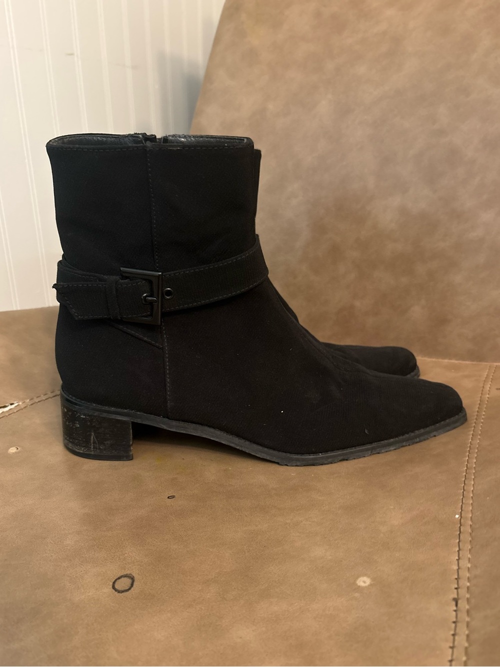 Stuart weitzman black square toe buckle zip up booties size 9.5